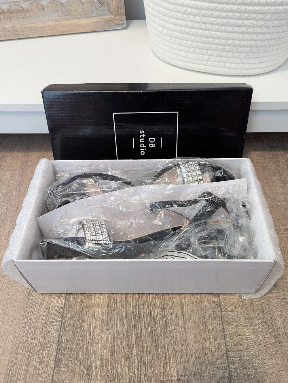 DB Studio Women's Black Silver Crystal Rhinestone Block Heels Sandals Size 9